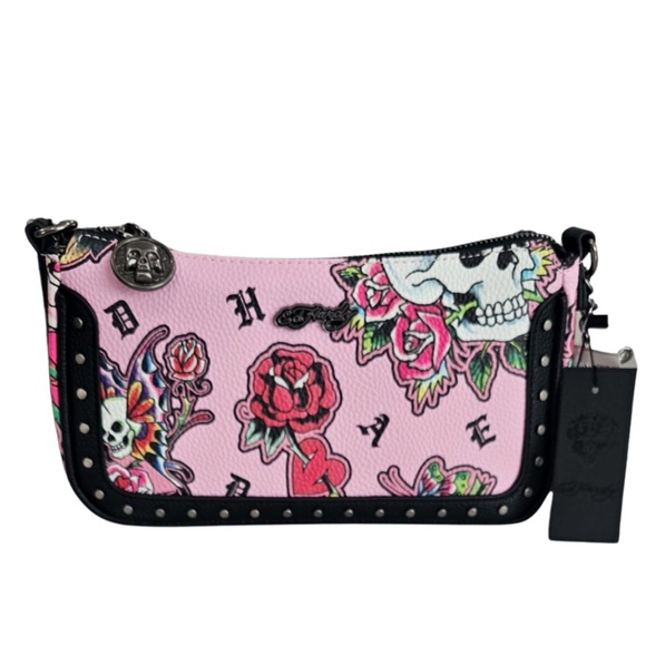 Ed Hardy Vegan Leather Shoulder Bag Pink Floral Skull Hearts Tattoo NEW Y2K - Picture 2 of 5